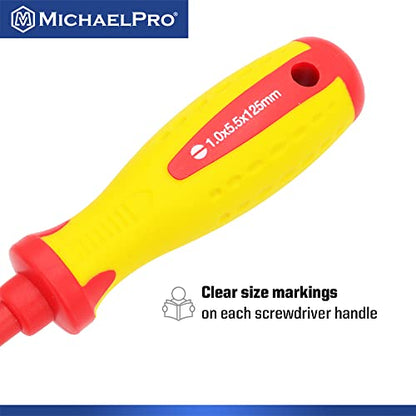 MichaelPro 5.5 x 125mm 1000V VDE Insulated Screwdriver, Electrician Tools, Slotted Screwdriver with Magnetic Tip, CR-MO Steel Blade, 10,000V Tested and Certified for Electrician Safety - MP002032 - size: 1-Piece 5.5 x 125mm Slotted