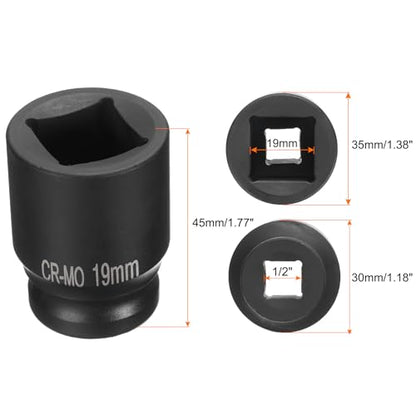 HARFINGTON 4 Point Square Socket 1/2" Drive 19mm Metric Square Impact Socket CR-MO Blackening Standard Wheel Sockets Pneumatic Socket Tool for Auto Repair Mechanical Maintenance Home Use - size: 19mm