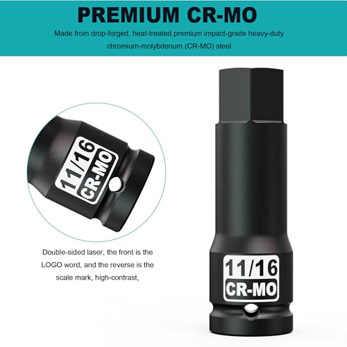1/2" Drive H11/16-Inch Impact Hex Bit Socket, SAE Allen Bit Socket, Cr-Mo Steel, Removing Loosening Hexagon Bolts - size: 1/2" H11/16 Deep