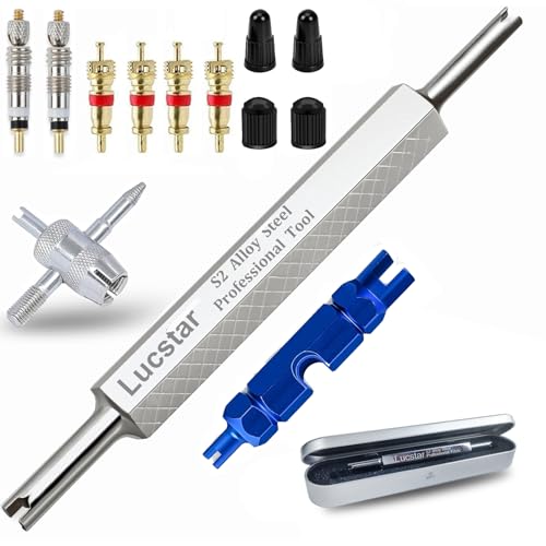 Lucstar R134A R12 A/C HVAC Air Conditioner Schrader Valve Core Removal Tool,Tire Valve Stem Tool for Car Bicycle Tyre RV Truck, Automotive Tools Wrench, 2 Schrader/Presta Valve Caps, 4 Valve Cores