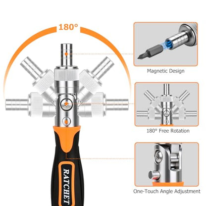 180° Adjustable Ratchet Screwdriver and Wrench Set with Bit Sets, Metric Socket Set with Flexible Shaft Extension, Ratcheting Screwdriver Mechanics Tool Kit for Tight Spaces