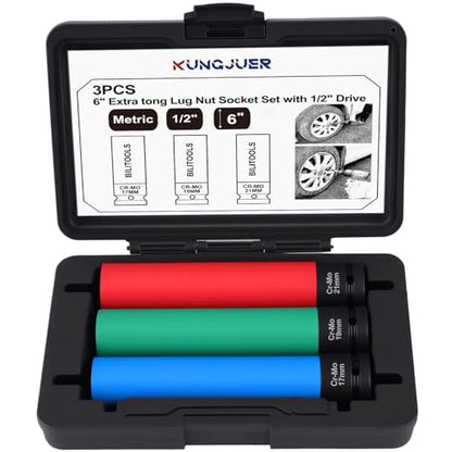 1/2"Drive Impact Lug Nut Socket Set, 3PC 17/19/21mm Thin Wall | Extra Long 6" Non-Marring Thin Wall Wheel Nut Sockets - Metric Deep Sockets for Safe Tire & Rim Protection - size: 3PCS-Metric(17/19/21mm)