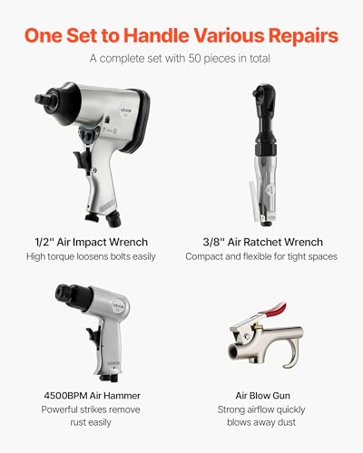 VEVOR 50 Pieces Pro Air Tool and Accessories Kit - 1/2" Air Impact Wrench, 3/8" Ratchet Wrench, 4500BPM Hammer, Blow Gun & Full Accessories for Auto Repairs, Home DIY Projects - with Storage Case - style: 50 Pieces