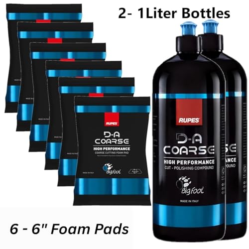 Rupes D-A Series Two 1-Liter Bottles Cut Polishing Compound & Six Count 6" Coarse Cutting Foam Pads - Excellcent Clarity, Low Dusting & Easy Wipe Off - size: 6"