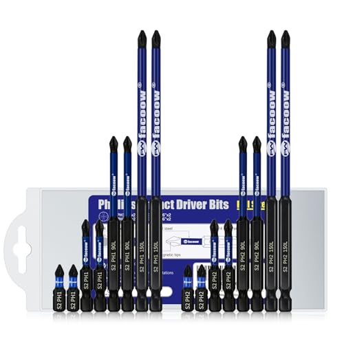 Facoow Phillips Impact Driver Bits, #2&1 Phillips Head Magnetic Screwdriver Bits Set, 1”-6“ S2 Steel Impact Bits, 1/4" Hex Shank Screwdriver Drill Bit, CNC Machined ph2 Impact Drill Bits, 16 Pack - color: Assorted, size: PH1+PH2