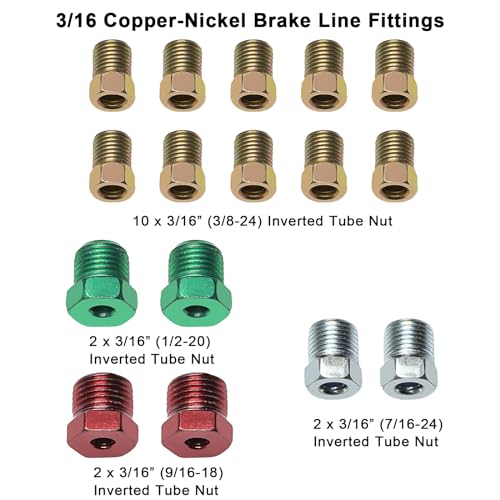 25ft 3/16 & 1/4 Copper-Nickel Brake Line Kit, 32 Fittings | .028" wall thickness, SAE thread design, rust-proof, easy hand bend, ideal for brake & fuel line replacement - size: 3/16+1/4, 2Kits
