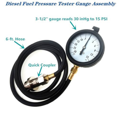 Diesel Fuel Pressure Tester Gauge Assembly TU-32-6 6.6L,Fits for GM Duramax Diesel Fuel System Test Kit, with Quick Coupler (30 inHg - 15 PSI, 6FT)