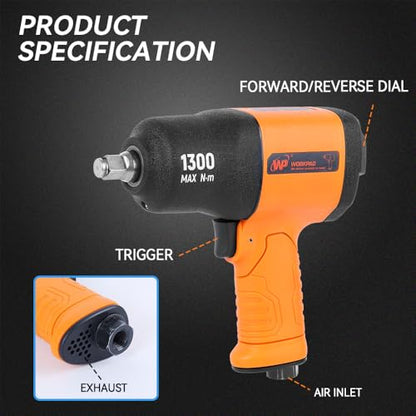 WORKPAD WPIW1300 Professional 1/2-in Air Impact Wrench,958 ft-lbs Composite Body, Variable Power Settings, Heavy Duty Pneumatic Tool