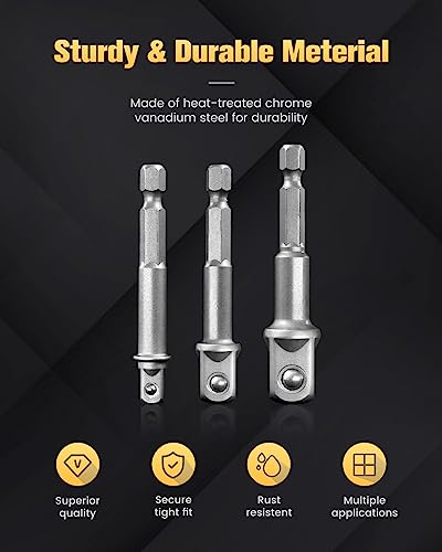 BOEN Impact Grade Socket Adapter Set, 6-PCS Drill Bit Adapter with Bit Holder, Sizes 1/4", 3/8", 1/2", 1/4-Inch SAE Hex Shank, Cr-V, for Cordless Drill & Screwdriver, Power Drill & Driver - size: 6PCS SAE