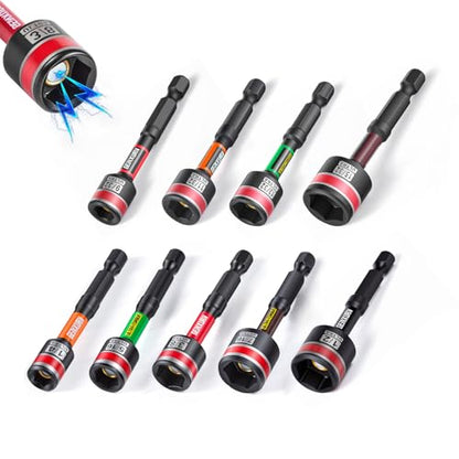 Geinxurn Impact Nut Driver Set, 9 Pieces 2.56 Inch Long Magnetic SAE Nut Setter Set 6 Point Alloy Steel Use 1/4” Hex Shank Impact Driver Stored in Portable Storage Cases for Repair - size: 2.56", style: 2.56"-S