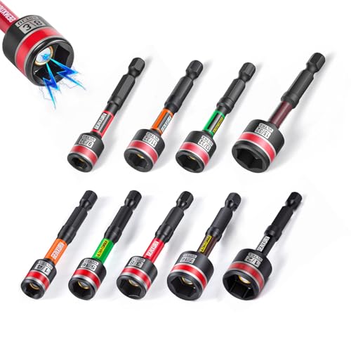 Geinxurn Impact Nut Driver Set, 9 Pieces 2.56 Inch Long Magnetic SAE Nut Setter Set 6 Point Alloy Steel Use 1/4” Hex Shank Impact Driver Stored in Portable Storage Cases for Repair - size: 2.56", style: 2.56"-S