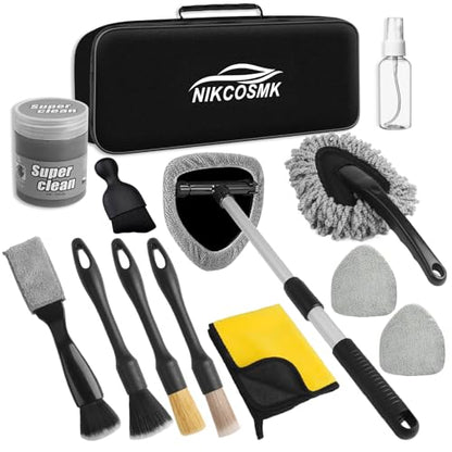 Windshield Cleaner Tool, 14Pcs Car Cleaning Kit - Car Interior Detailing Kit with Extendable Handle, Cleaning Gel & Microfiber Pads, All-in-One Inside Car Cleaning Supplies for Women Men