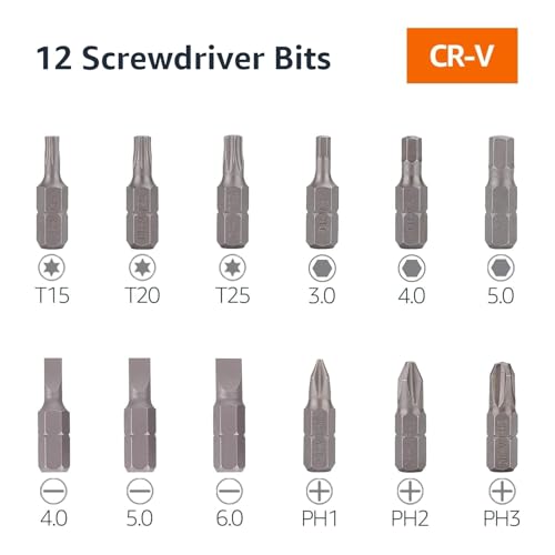 Amazon Basics 12-in-1 Ratcheting Magnetic Screwdriver Set with Bit Storage in Handle, Portable Repair Tool Kit, Security Torx, Phillips, Flat, Hex, Torx, Black, Blue, Silver