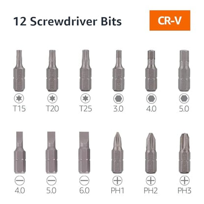 Amazon Basics 12-in-1 Ratcheting Magnetic Screwdriver Set with Bit Storage in Handle, Portable Repair Tool Kit, Security Torx, Phillips, Flat, Hex, Torx, Black, Blue, Silver