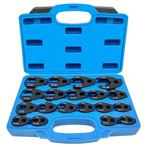 19-Piece Crows Foot Wrench Set, 3/8 and 1/2-Inch Drive, Metric 8-32 mm | Flare Nut Crowfoot Wrench Set Compatible with Ratchets for Automotive Repair and Maintenance