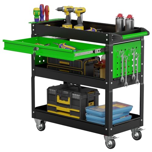 3 Tier Rolling Tool Cart, Heavy Duty Service Cart on Wheels for Mechanics,400 LBS Utility Cart with Drawers for Garage, Warehouse & Repair Shop (Black&Green, Tool carts) - color: Black&green