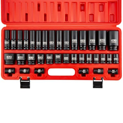 1/2" Spuare Drive 35 Piece Impact Socket Set,Metric Shallow (8-32mm) and Deep (10-32mm) Allen Sockets,Dual Size Markings,6 Point Radius Corner Design,CR-MO Alloy Steel for Auto Repair - size: 1/2" Metric 35pc