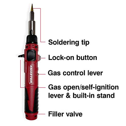 Master Appliance PI-20SiK Professional Cordless Butane Soldering Iron Kit [portable soldering station & heat tool] - Self-Igniting w/Adjustable Temperature - 680F - 820F, refillable with butane fuel