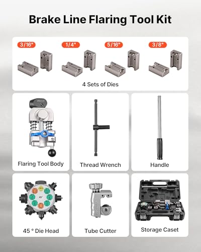 VEVOR Professional Brake Line Flaring Tool, 45 Degree Double Flare Bubble Flare Tool Kit for 3/16", 1/4", 5/16", 3/8" Copper Aluminum Thin Steel Tubes - size: 45 Degree