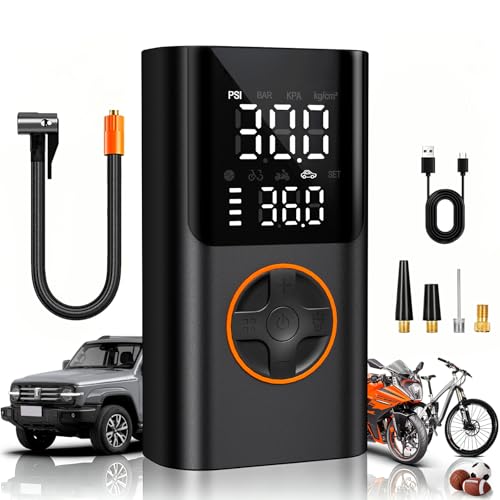 Tire Inflator Portable Air Compressor, 150PSI Fast Inflation | Cordless Air Pump for Car Tires, Bikes, Motorcycles, Auto Shut-off, Digital Gauge & LED Light, Rechargeable Battery - color: Orange