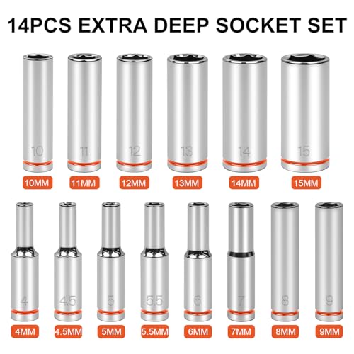 1/4" Drive Metric Master Socket Set, 14-Piece Deep Hex Socket Set (4mm-15mm), Cover Most Commonly Sizes, 6 Point, Chrome Vanadium Steel with Molded Case - size: Deep, style: 14pcs-metric