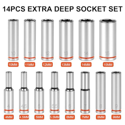 1/4" Drive Metric Master Socket Set, 14-Piece Deep Hex Socket Set (4mm-15mm), Cover Most Commonly Sizes, 6 Point, Chrome Vanadium Steel with Molded Case - size: Deep, style: 14pcs-metric