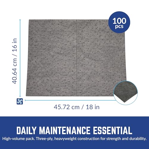 Spilfyter Premium Absorbent Pads, 16" x 18", 100 Count | Single Ply, Maximum Absorption, For Professional Tasks, Ideal for Extra-Heavy Spills, DB-75