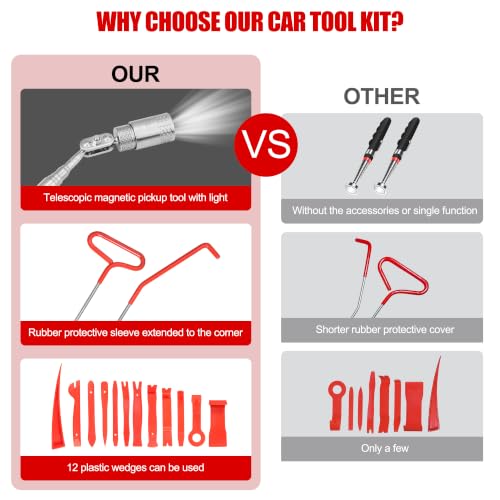 26PCS Car Tool Kit with Long Reach J-Hook, Telescoping Magnetic Pickup Tool with Light, Trim Removal, Air Wedge Bag for Minor Repairs of Car, Home etc.