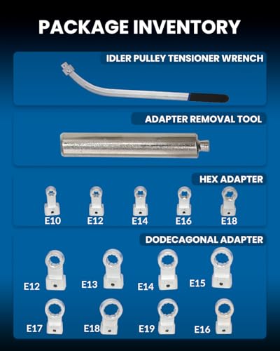 DPTOOL 15pc Auxiliary Idler Timing Belt Tensioner Pulley Removal Tool Kit | Universal Serpentine Belt Tension Pulley Wrench Set with 6-Point and 12-Point Adapters 10mm 12-19mm
