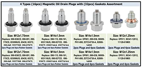 4PCS M12x1.75MM, 4PCS M14x1.5MM, 4PCS M14x1.5MM, 4PCS M12x1.25MM, Magnetic Engine Oil Drain Plug Assortment, fit for Select Models, with 32PCS Gaskets