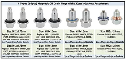 4PCS M12x1.75MM, 4PCS M14x1.5MM, 4PCS M14x1.5MM, 4PCS M12x1.25MM, Magnetic Engine Oil Drain Plug Assortment, fit for Select Models, with 32PCS Gaskets