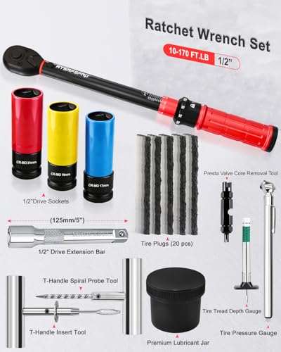 ATsafepro 1/2" Drive Torque Wrench Set, 10-170 ft-lb ±3% Accuracy, 72-Tooth Click Torque Wrench with 17/19/21mm Lug Nut Sockets, Extension Bar, Tire Pressure Gauge & 20pcs Flat Tire Repair Kit for Car