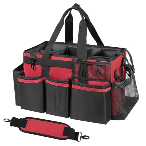SCAVATA Wearable Cleaning Caddy, Cleaning Caddy Supplies Organizer with Handle & Shoulder Straps for Housekeepers, Under Sink & Car Cleaning Tool Organizers Bag with 4 Foldable Divider (Wine) - color: Wine