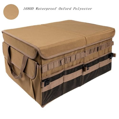 Large 70L SUV Trunk Organizer, Trunk Organizer With Lid, Foldable Cargo Storage Box, Brown, 4-Compartments With Handle,Universal for Car Sedan Truck Camping Grocery Shopping Travel