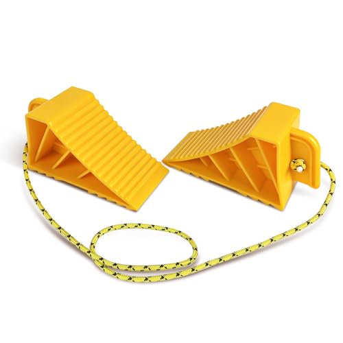 ROBLOCK 2 PCS Wheel Chocks for Travel Trailers, Heavy Duty Yellow Tire Stoppers with Rope, Non-Slip Grooved Wheel Blocks, Easy to Carry, Parking Stabilizer RV Accessories, Yellow - size: 2 PCS