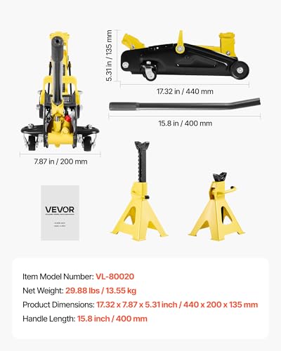 VEVOR Low Profile Floor Jack, 2 Ton (4400 lbs) Capacity, Steel Racing Floor Jack with Stands, Single Piston Quick Lift Pump, Hydraulic Trolley Car Lift for Compact SUVs, Lifting Range 5.1-12.2 Inches