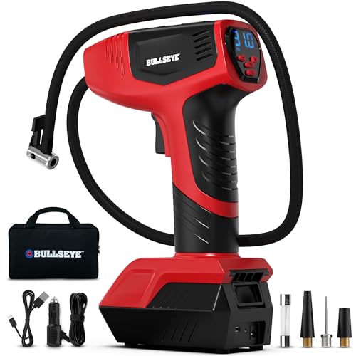 BULLSEYE PRO Tire Inflator with Pressure Gauge, Compact and Portable, Automatic Shut Off, 150 PSI Max, USB Home Rechargeable and Cord for Vehicular Use As Seen On TV (9475)