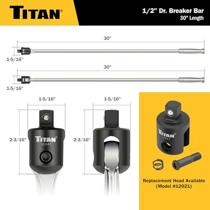 Titan 12047 1/2-Inch Drive x 30-Inch Heavy-Duty Breaker Bar with 180-Degree Swivel Head