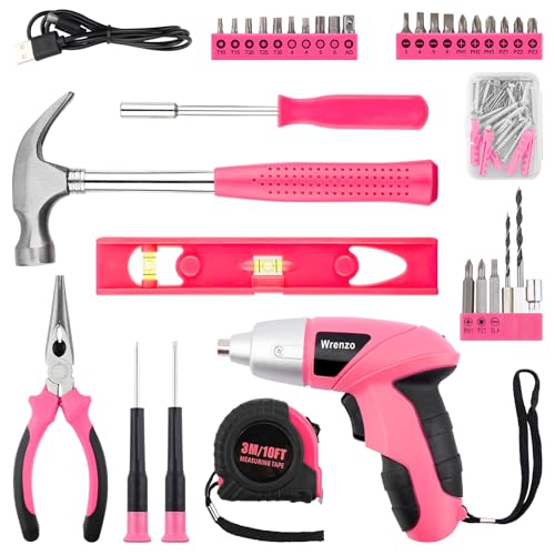 Drill Set,Cordless Drill,Small Tool Kit,112pc 3.6V USB Tool Set,Tool Kit for Dorm,Cordless & Rechargeable,Pink Home Toolbox for Women,DIY Toolbox