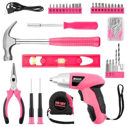 Drill Set,Cordless Drill,Small Tool Kit,112pc 3.6V USB Tool Set,Tool Kit for Dorm,Cordless & Rechargeable,Pink Home Toolbox for Women,DIY Toolbox