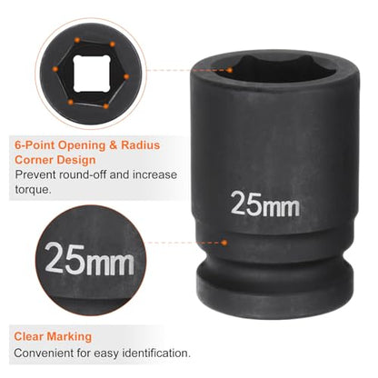HARFINGTON 6-Point Impact Socket 3/4" Drive 25mm Metric 40Cr Alloy Steel Spindle Axle Nut Impact Socket - size: 25mm
