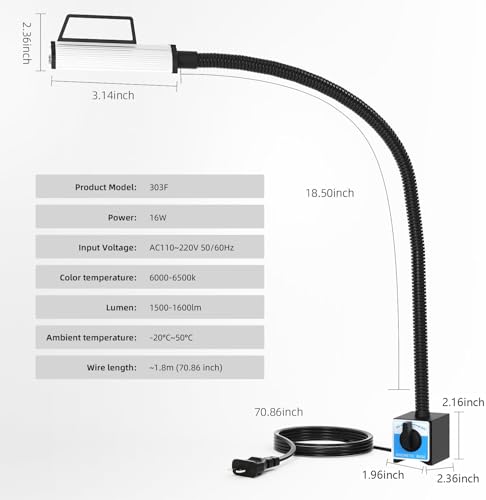 Magnetic Work Light, Led Magnetic Lamp, IP65 Water Proof Flexible Gooseneck Lamp 1600 Lumens for Lathe Milling, Drill Press, Industrial Lighting, with 6T Magnetic Base