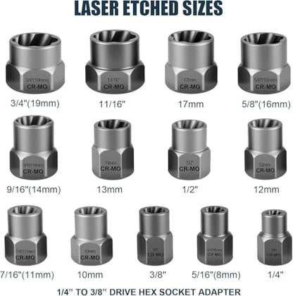 15-Piece Bolt Extractor Set, Impact Socket Kit for Stripped & Damaged Bolts