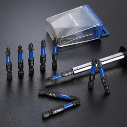 WORKPRO 12pcs PH2 Impact Phillips Screwdriver Bit Set, CNC Machined S2 Steel Tips with Magnetism, 1/4" Hex-Shank Driver Bits, 2" Long Impact Screwdriving Bits with Storage Box - size: 2 in