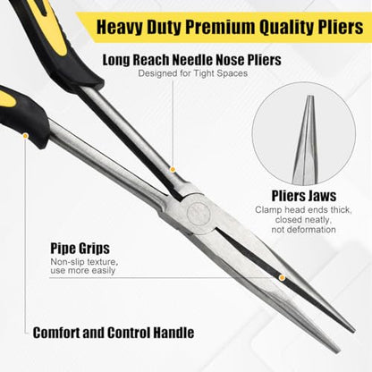 Long Needle Nose Pliers-11’’, for Home,Fishing, Jewelry,Crafts, 2pcs | for Tight Spaces,Paper Clamp Precision, High Carbon Steel, Non-slip Handle,Effort-Saving Design - style: Two-11in