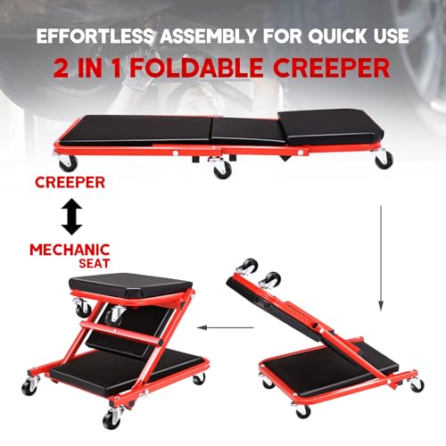 Foldable Z Creeper 2 in 1 Rolling Seat for Garage Shop Auto Repair | 40 inch, 330LBS Capacity, Creeper Seat with Wheels Adjustable Chair, Red - style: 40inch-Red