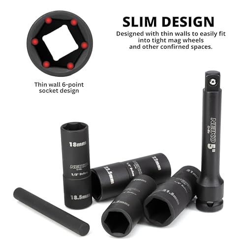 NEIKO 02290B Lug Nut Socket Set, 1/2” Impact Thin Wall Flip Socket Set, Half Size Wheel Socket Set, Metric 6 Point, 5" Extension Bar & Knockout Bar, 18.5mm, 19.5mm, 21.5mm, and 22.5mm - size: 6 Piece, Half Size Set, style: Flip Socket