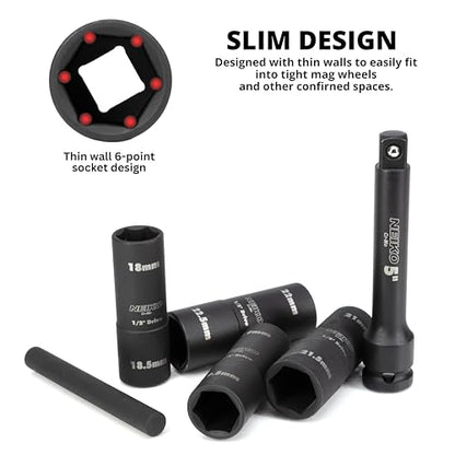 NEIKO 02290B Lug Nut Socket Set, 1/2” Impact Thin Wall Flip Socket Set, Half Size Wheel Socket Set, Metric 6 Point, 5" Extension Bar & Knockout Bar, 18.5mm, 19.5mm, 21.5mm, and 22.5mm - size: 6 Piece, Half Size Set, style: Flip Socket