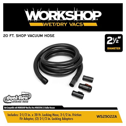 WORKSHOP Wet/Dry Vacs WS25022A 2-1/2-in. x 20-ft. Locking Shop Vacuum Hose | Extra Long DUAL-FLEX Locking Vac Hose, Fits WORKSHOP Shop Vacuum Cleaners with a 2-1/2-in. Diameter Inlet and Accessories