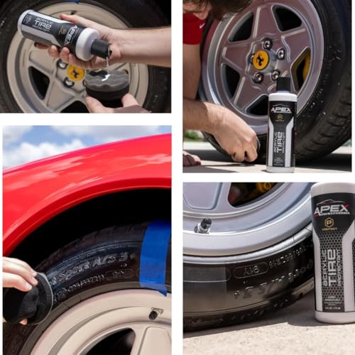Apex Acrylic Tire Shine and Applicator - USA Made -16 oz - Semi-permanent - Multi Month Durability - Fast Drying Car Acrylic Shine - No Sling - Glossy Finish - Extreme Dressing